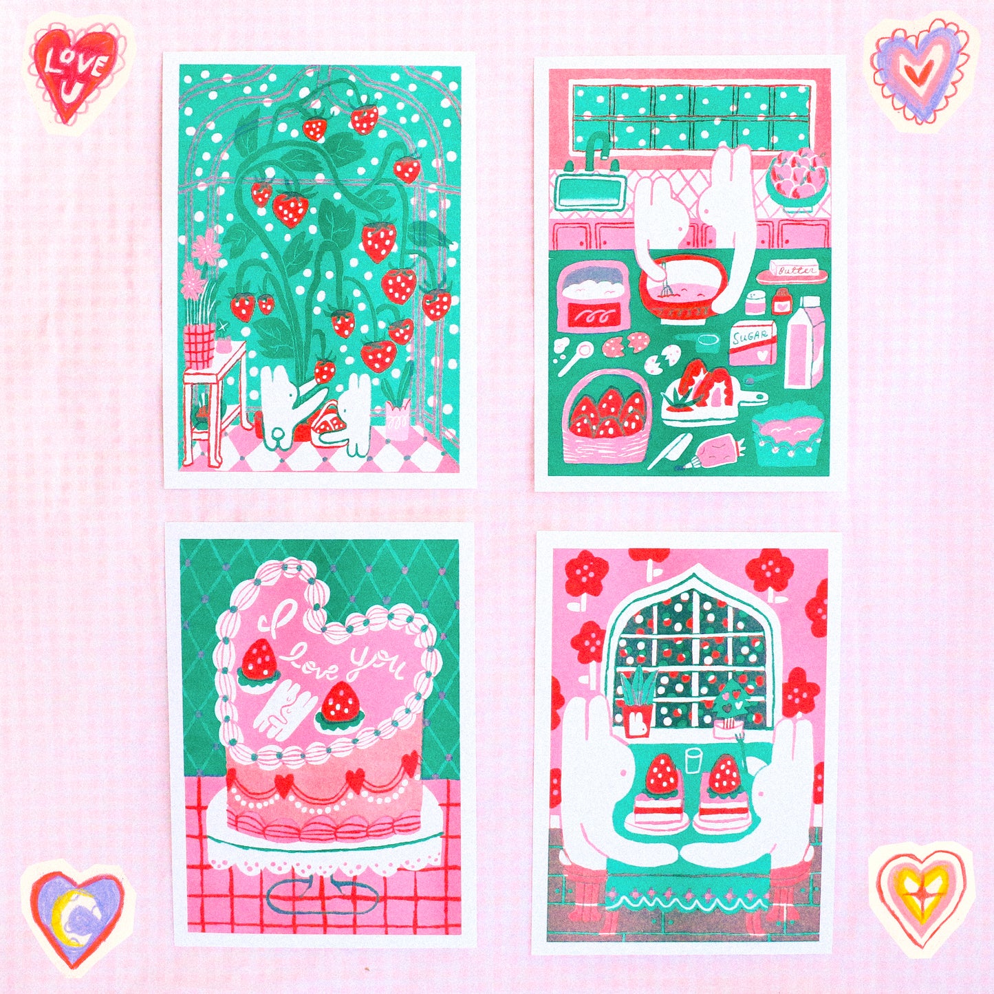 SET OF 4 ~ 'Let's Make Strawberry Cake' 5x7 Riso Prints