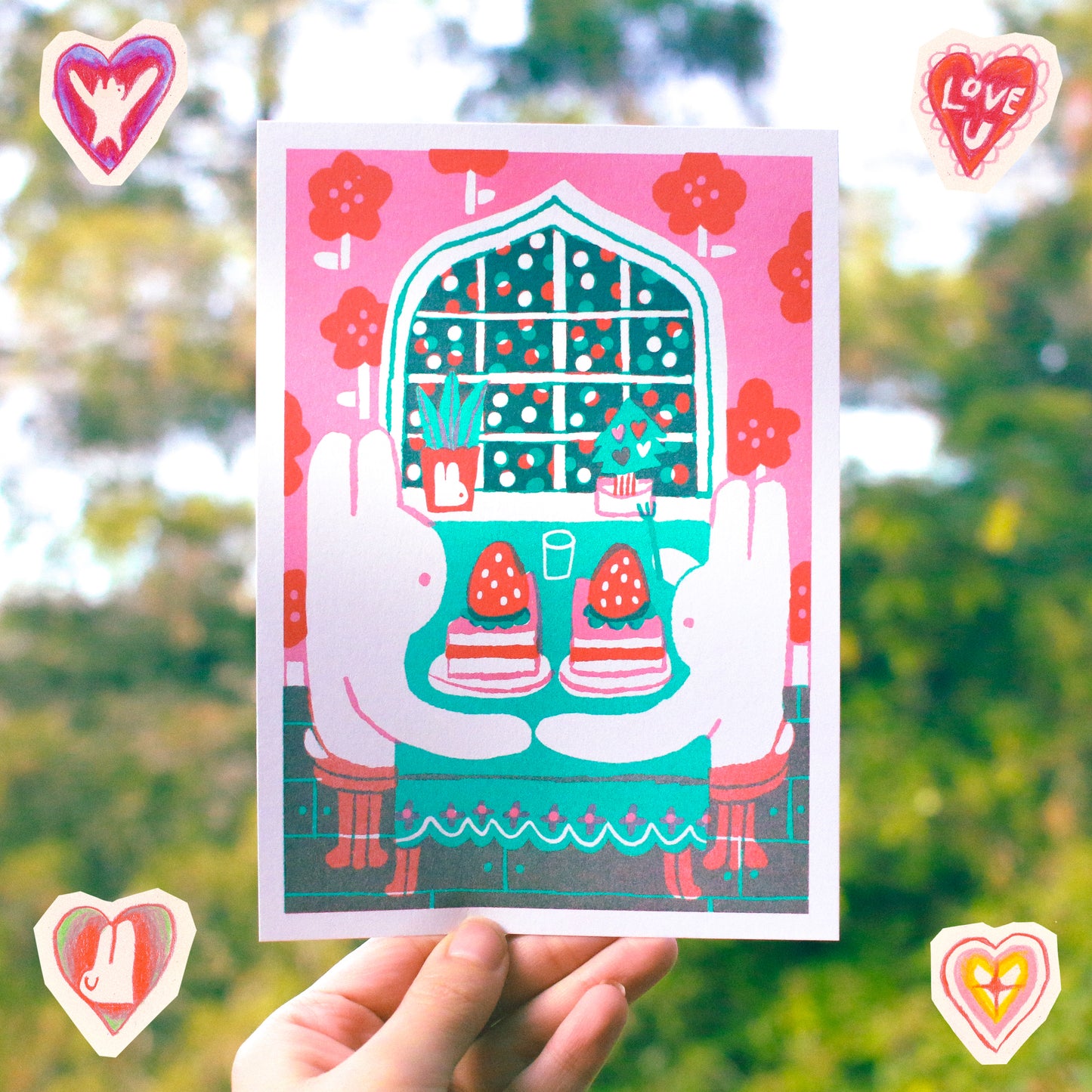 SET OF 4 ~ 'Let's Make Strawberry Cake' 5x7 Riso Prints