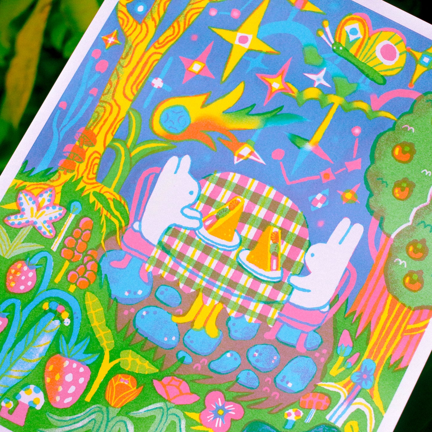 'Fruit Sandwiches Under a Sparkling Sky' Risograph Print ~ 8x10