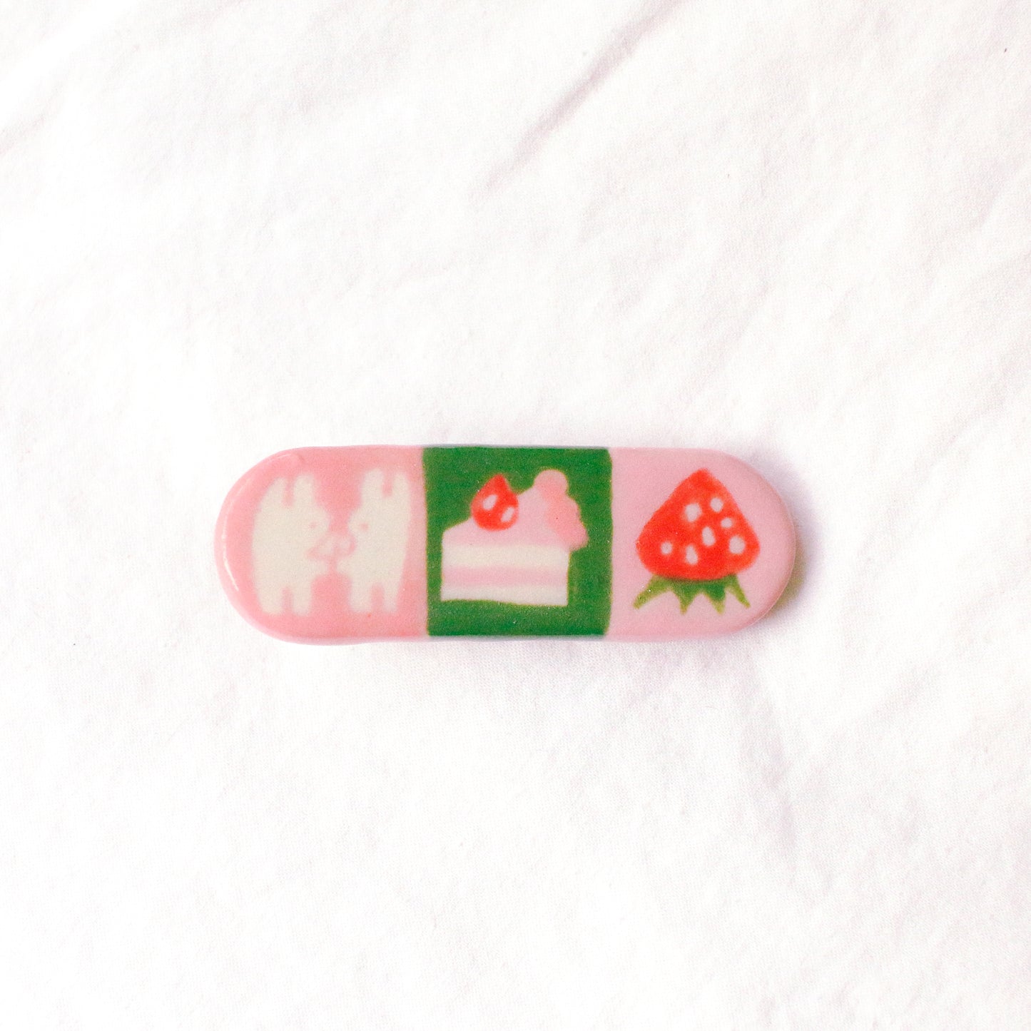 'Bunny Hug, Cake, Strawberry' Handmade Ceramic Hair Clip (B-grade: Crazing)
