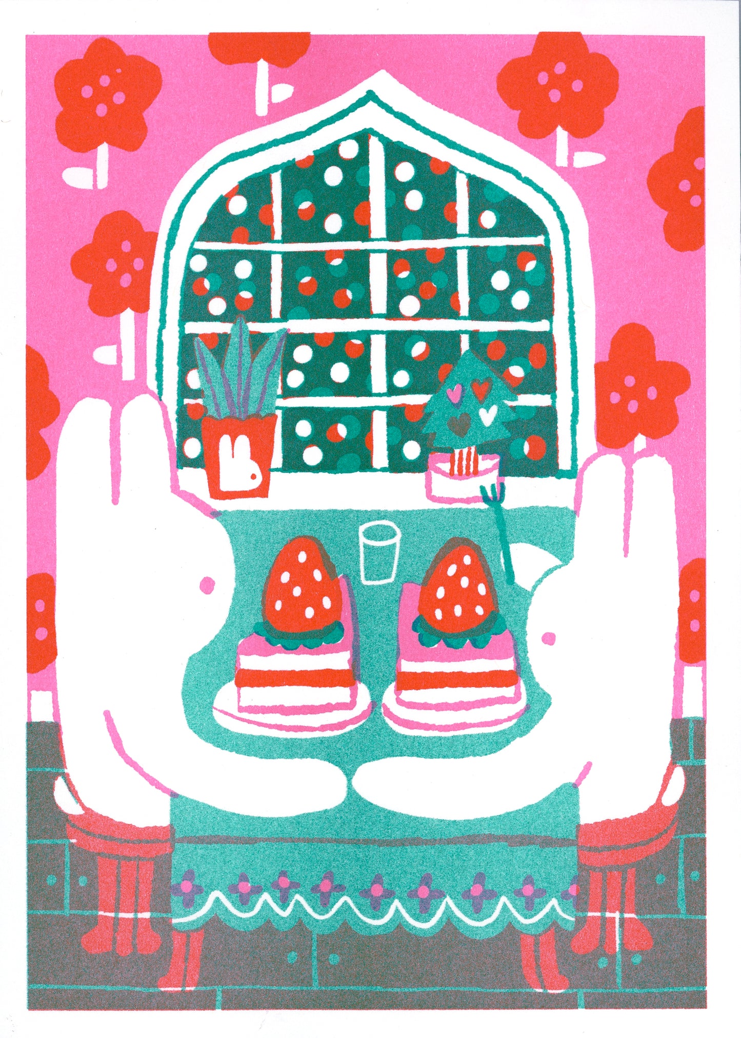 SET OF 4 ~ 'Let's Make Strawberry Cake' 5x7 Riso Prints
