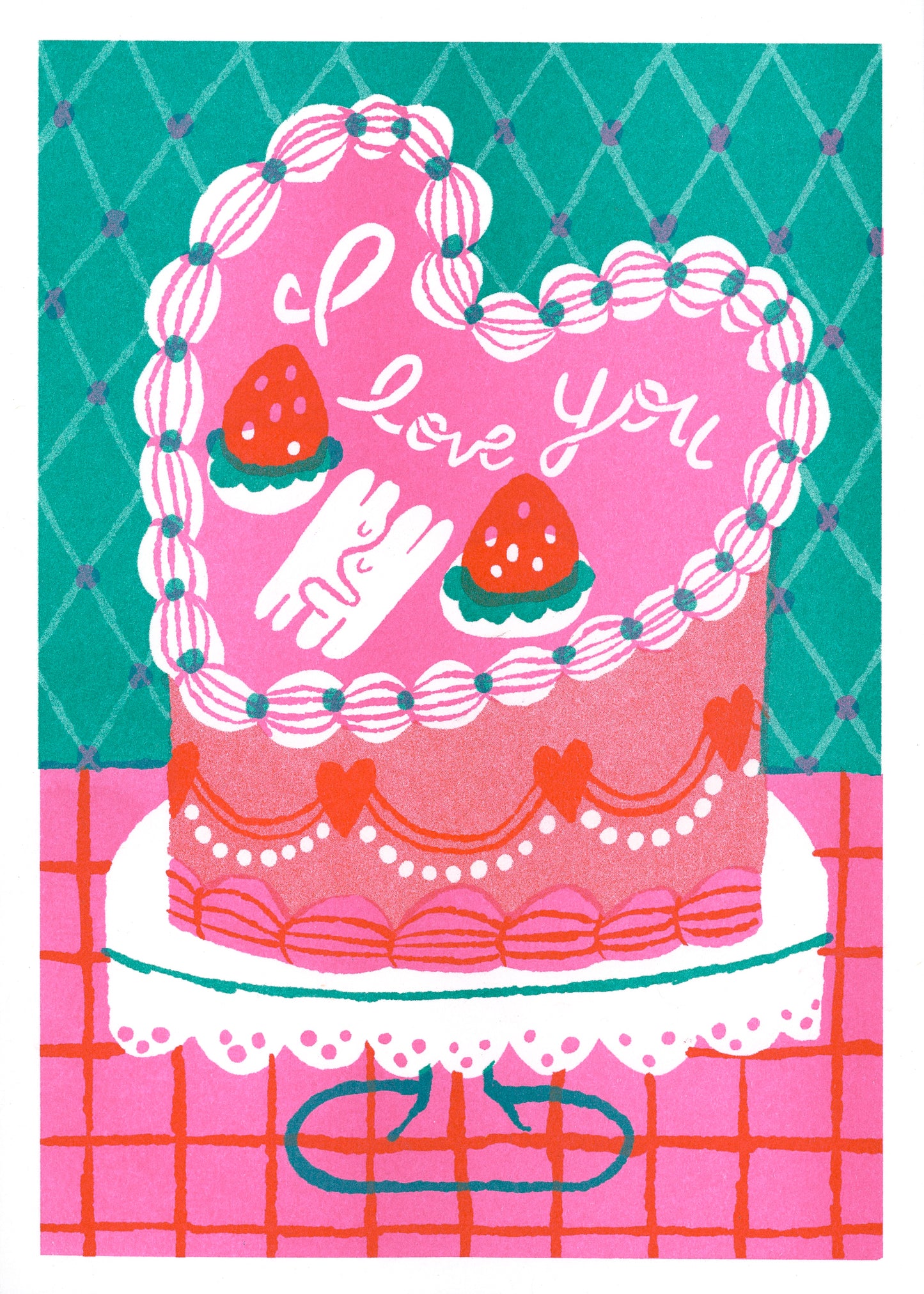 SET OF 4 ~ 'Let's Make Strawberry Cake' 5x7 Riso Prints
