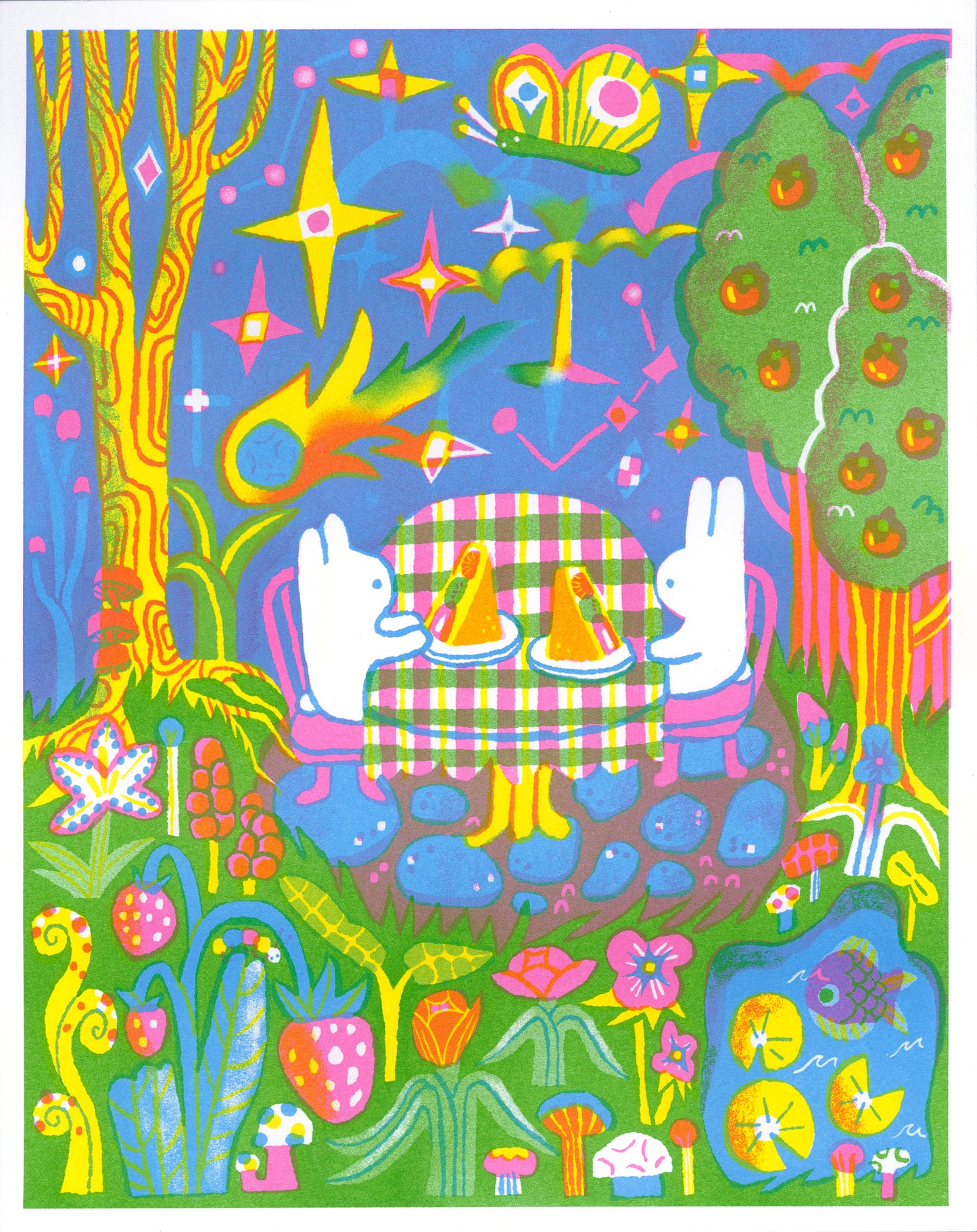 'Fruit Sandwiches Under a Sparkling Sky' Risograph Print ~ 8x10