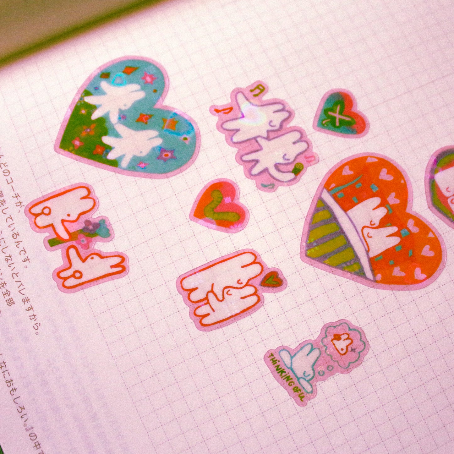 Valentine's Day 'Bunnies in Love' Heart Holographic Transparent Sticker Sheet ~ A6