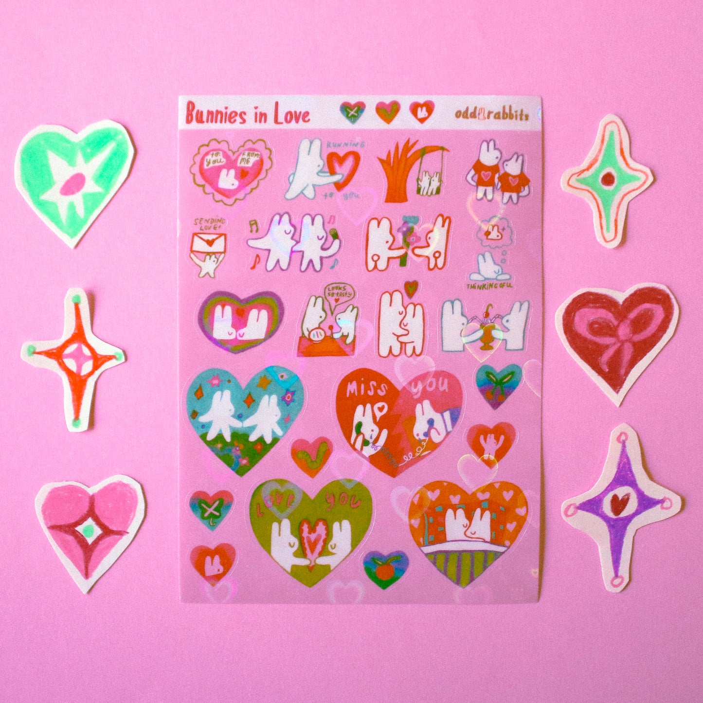 Valentine's Day 'Bunnies in Love' Heart Holographic Transparent Sticker Sheet ~ A6
