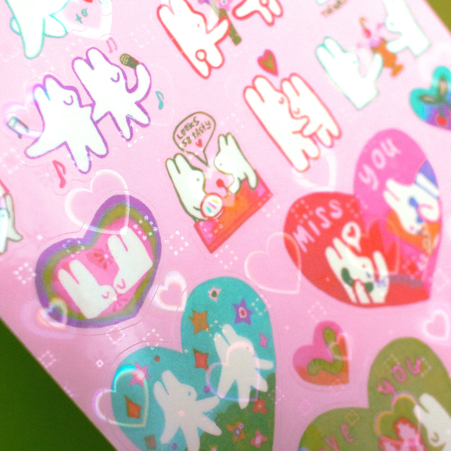Valentine's Day 'Bunnies in Love' Heart Holographic Transparent Sticker Sheet ~ A6