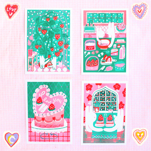 SET OF 4 ~ 'Let's Make Strawberry Cake' 5x7 Riso Prints
