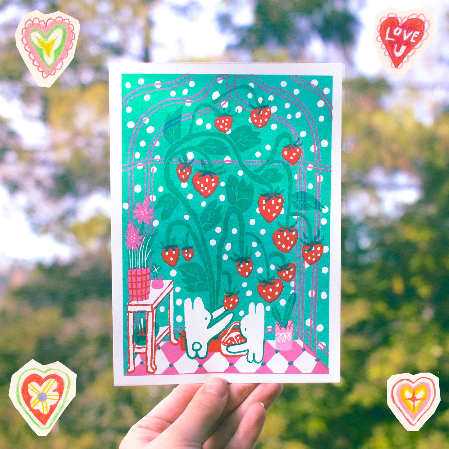 'Gathering the Strawberries' 5x7 Riso Print