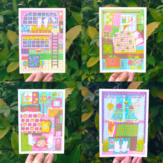 SET OF 4 ~ 'Our Room' 5x7 Risograph Prints