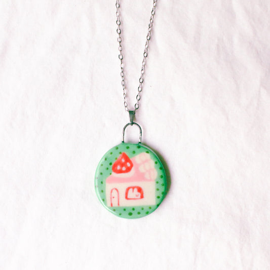 'Strawberry Cake House' Handmade Ceramic Necklace