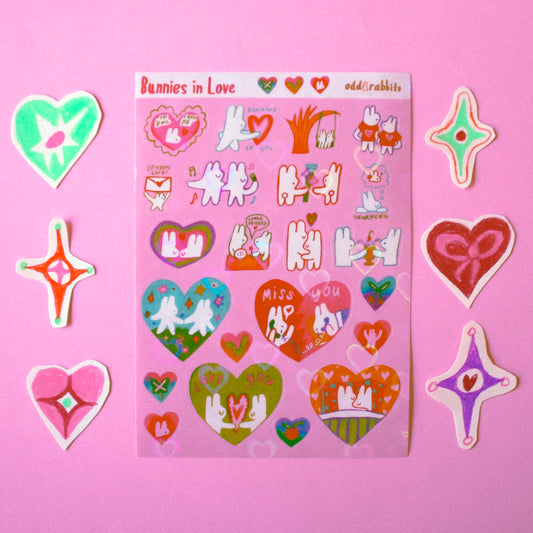 Valentine's Day 'Bunnies in Love' Heart Holographic Transparent Sticker Sheet ~ A6